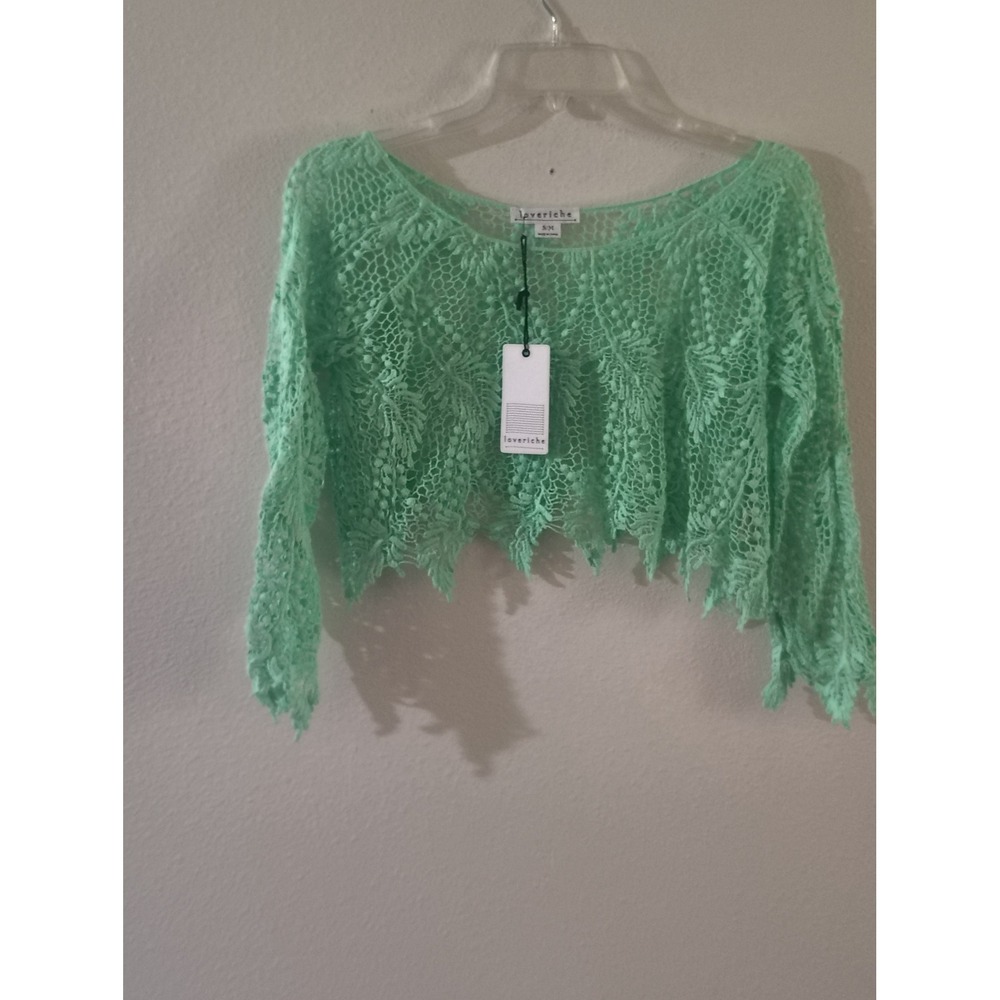 Loveriche Mint Green Lace Crop Top Long Sleeve Sharkbite Hem Boho S/M NWT